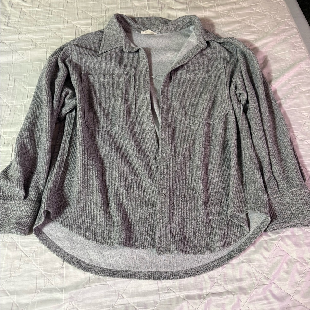Gray Ribbed Button-Up Shirt